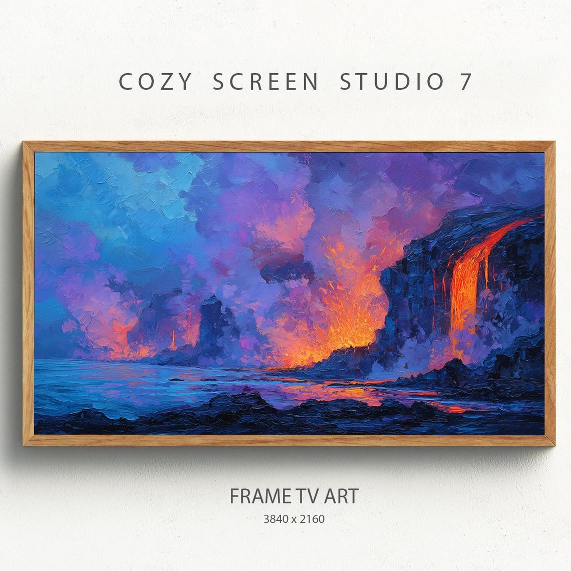 Volcano Lava Flowing Into Deep Ocean at Night Painting Wall Art