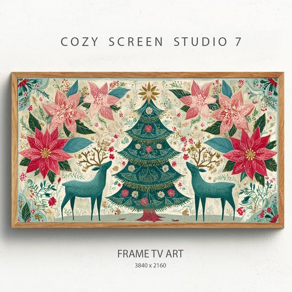 Christmas Tree Frame Tv Art Scandinavian Folk Winter Painting