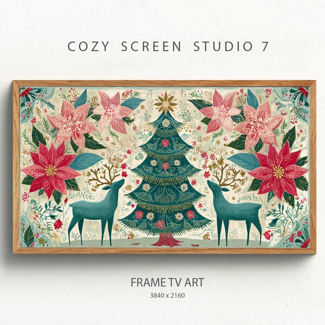 Christmas Tree Frame Tv Art Scandinavian Folk Winter Painting