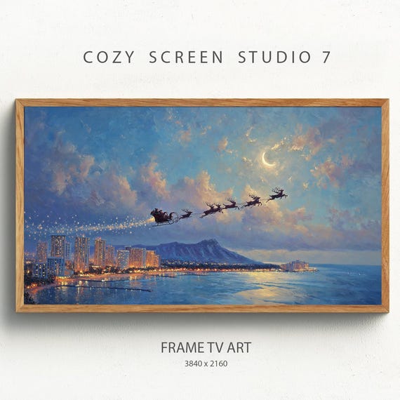 Santas Sleigh Over Waikiki Frame Tv Art Hawaiian Christmas Painting