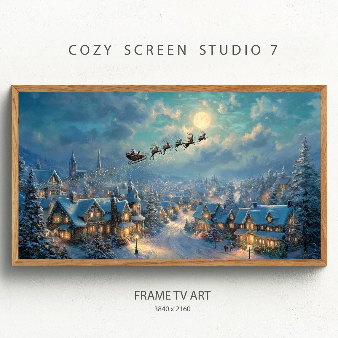 Santa Sleigh Over Town Christmas Art Print