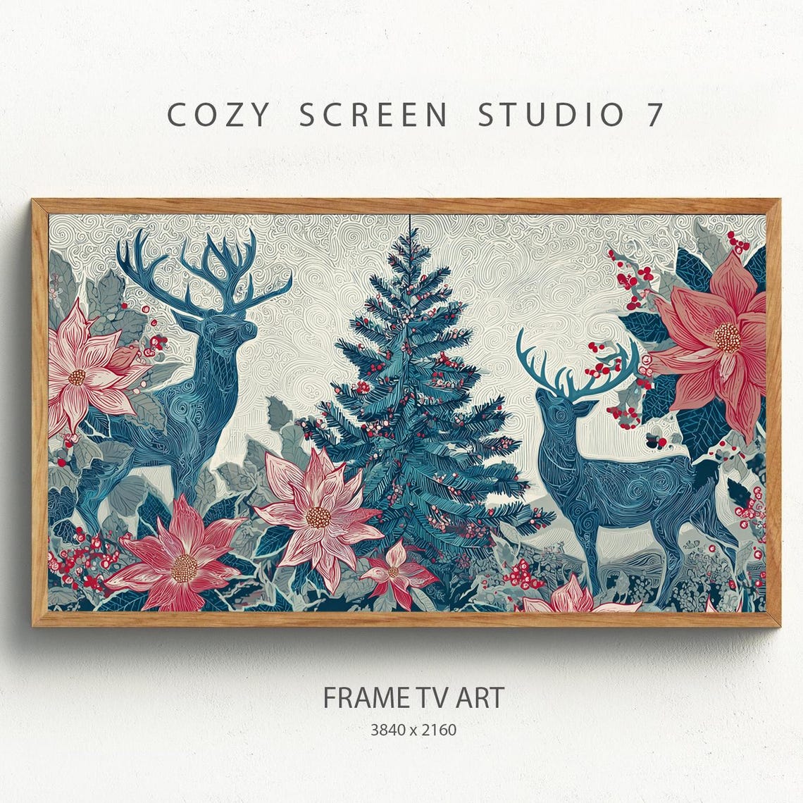 Christmas Deer Poinsettia Frame Tv Art Festive Winter Print