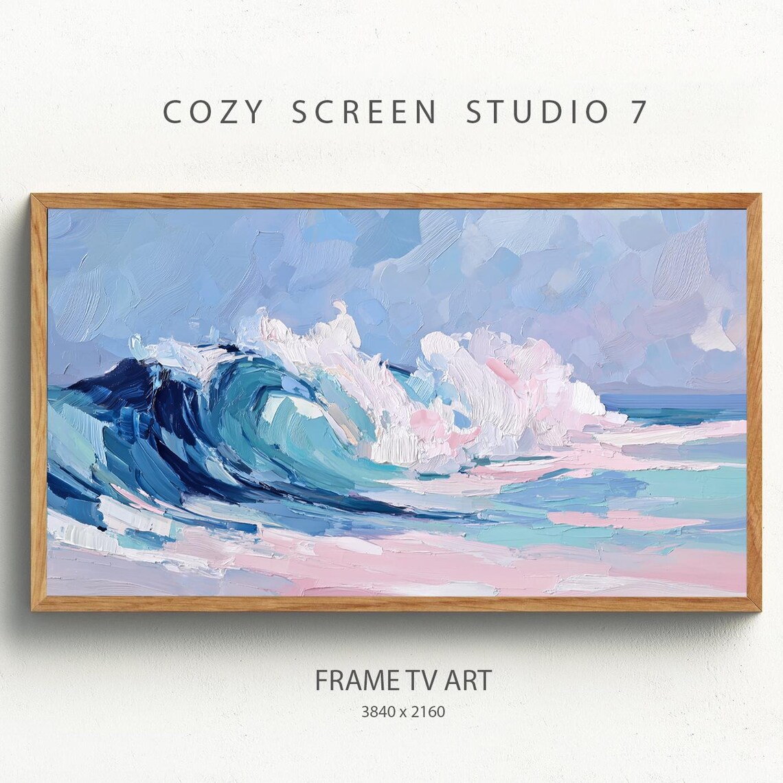 Blue and Pink Crashing Ocean Wave Impasto Painting Art Poster
