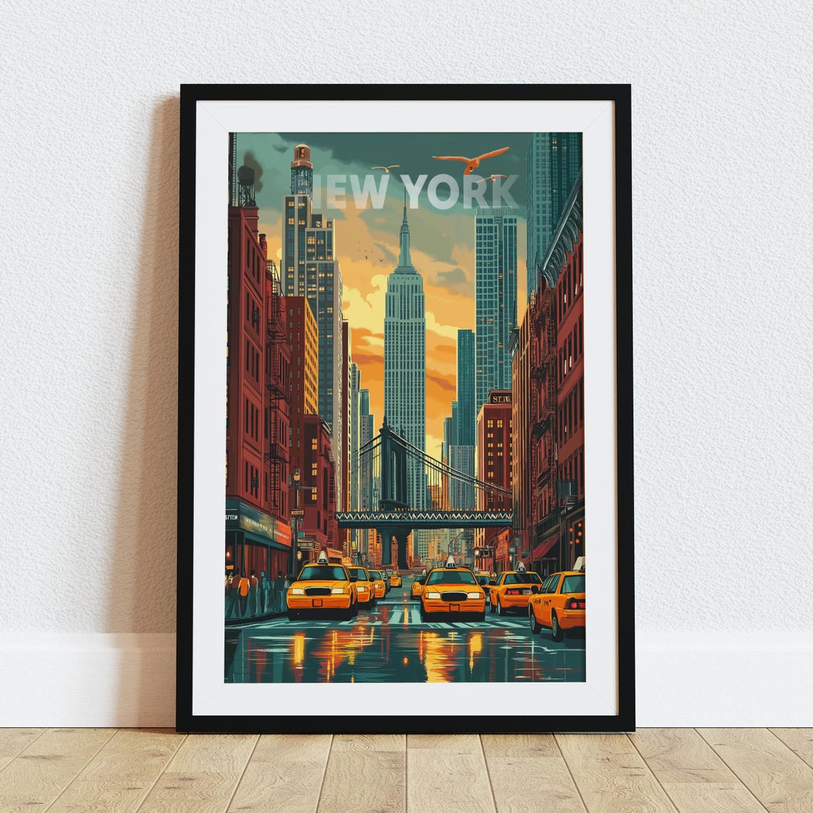 New York City Yellow Cabs Skyline Sunset Vintage Travel Poster