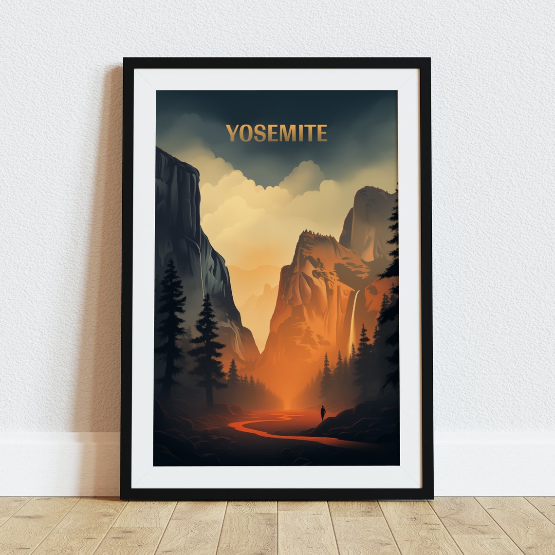 Yosemite Valley Waterfall Golden Dusk California Vintage Travel Poster