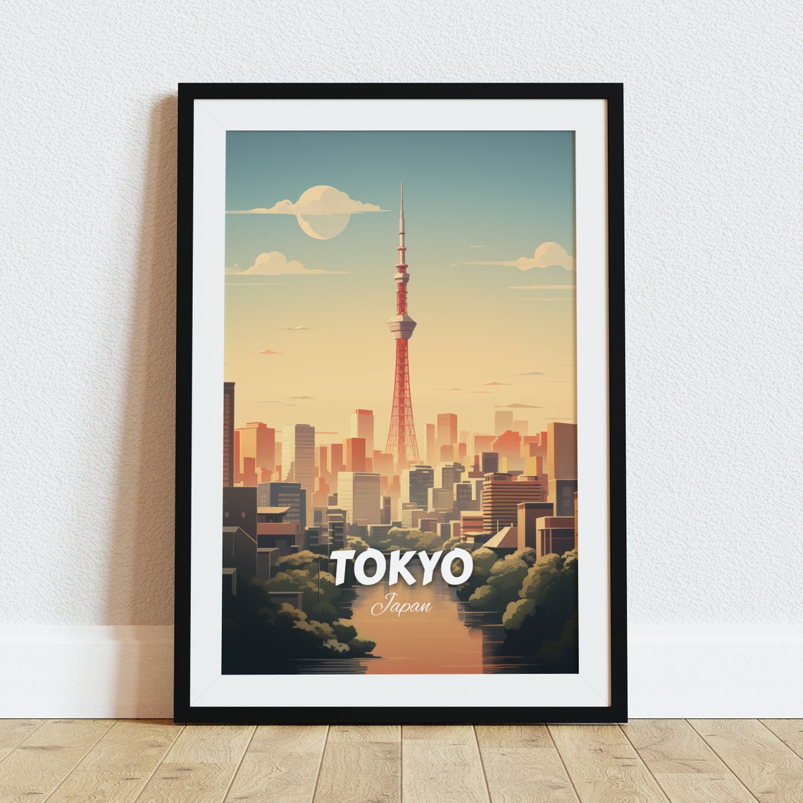 Tokyo Tower City Skyline Golden Sunset Retro Vintage Travel Poster