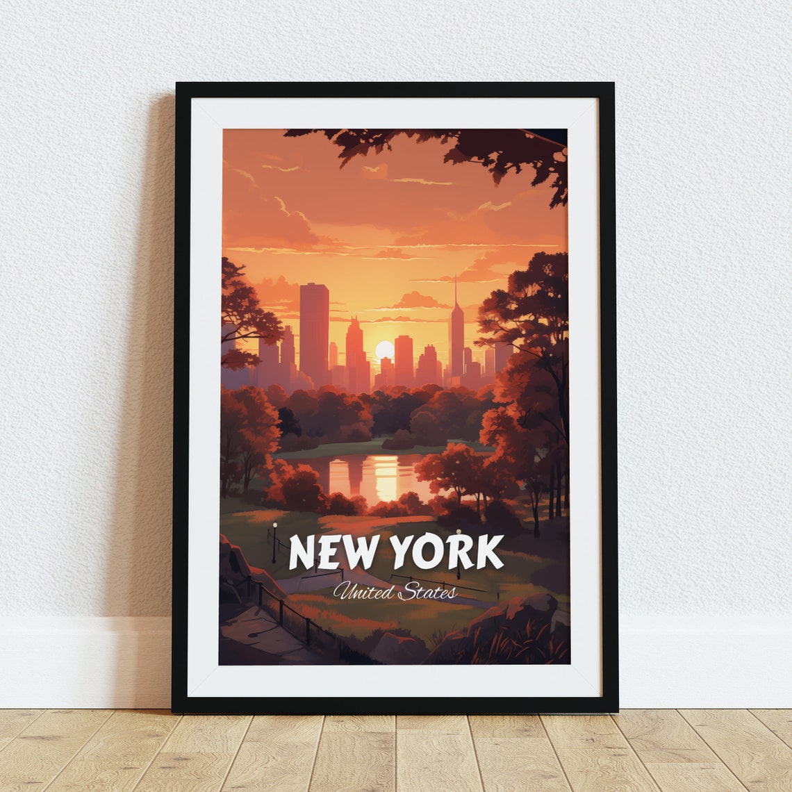 New York City Central Park Sunset Skyline Vintage Travel Poster