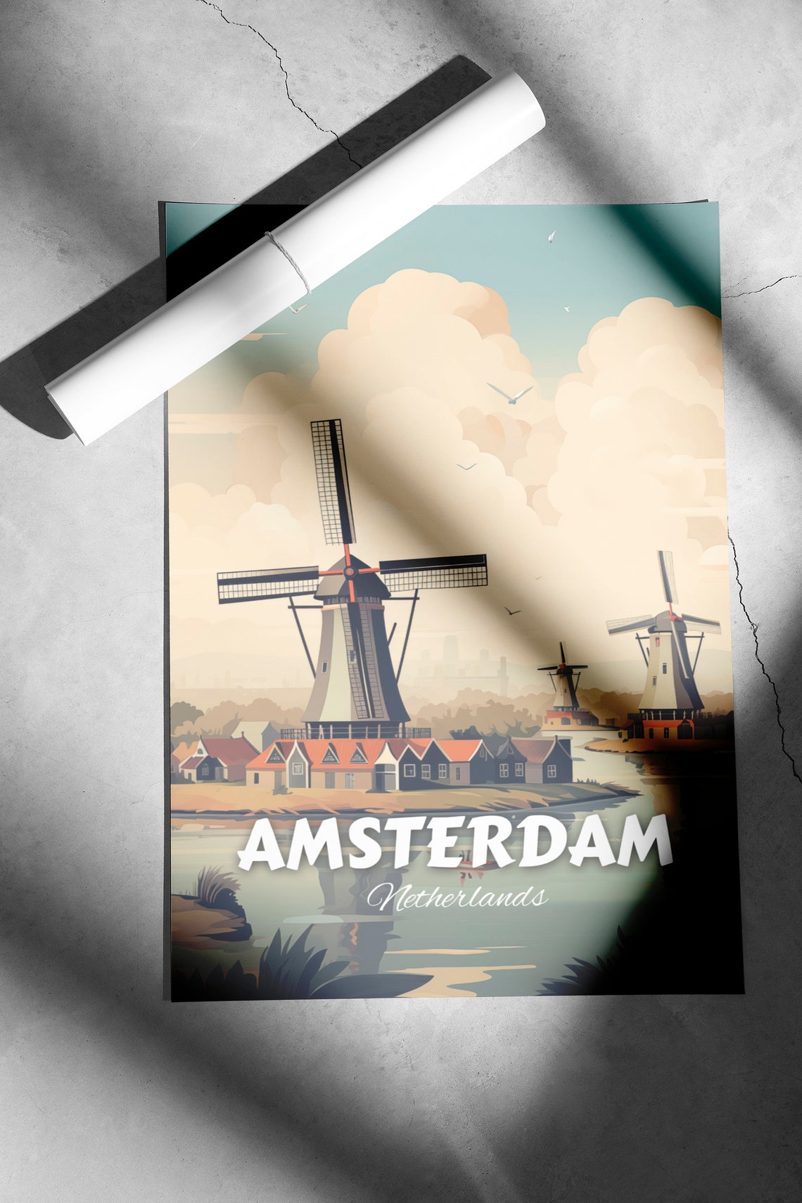 Amsterdam Dutch Windmills Canal Vintage Netherlands Travel Poster - Image 2