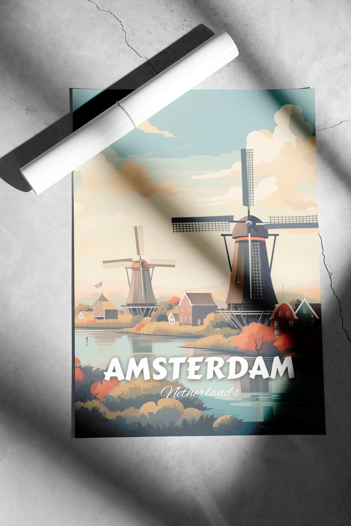 Amsterdam Dutch Windmills Riverside Sunset Vintage Travel Poster - Image 2