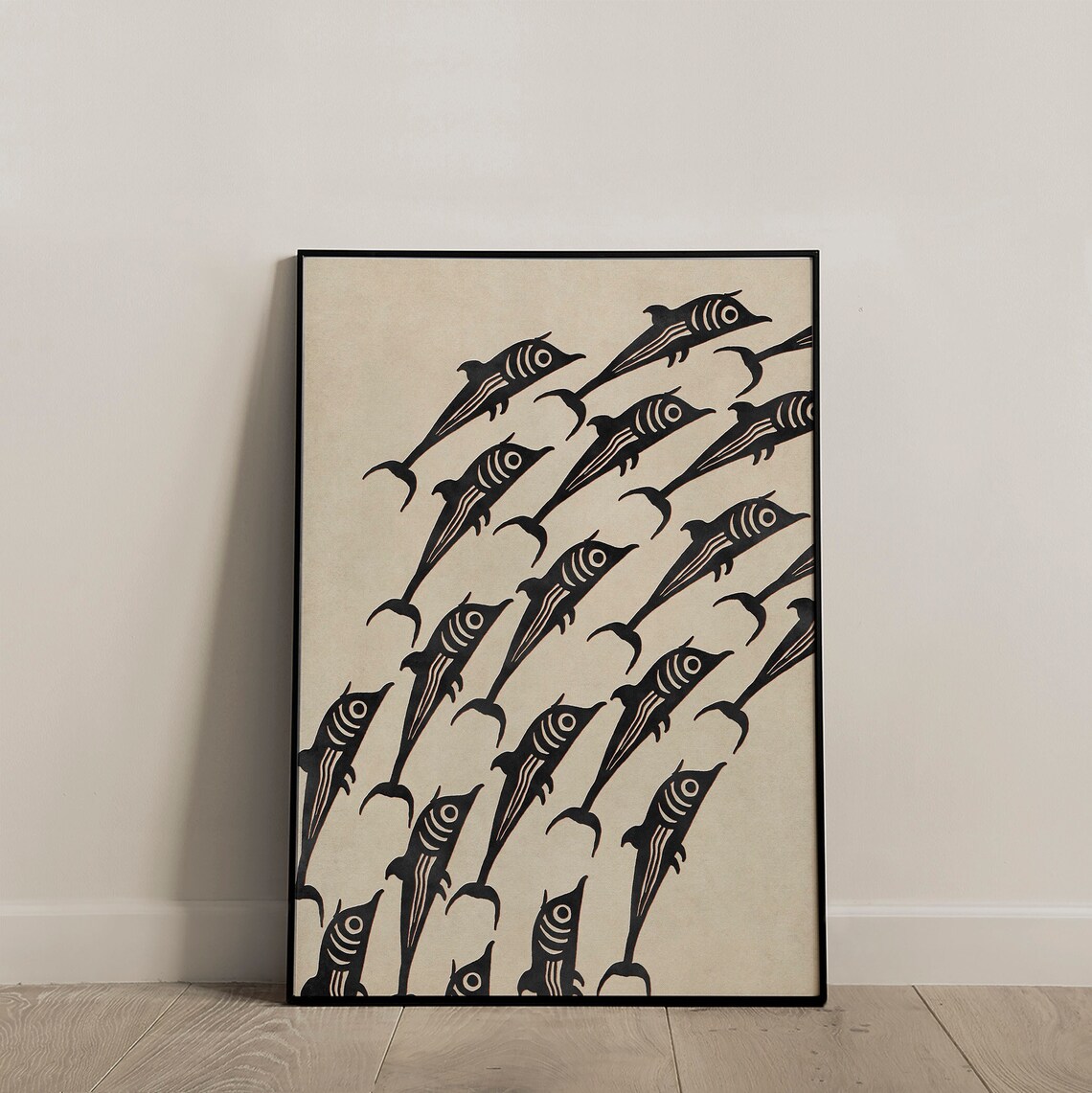 School of Black Dolphins in Ancient Greek Style Sea Art Poster