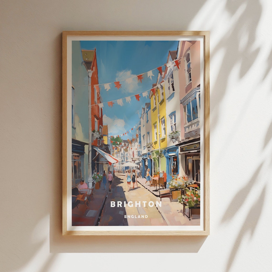Brighton England Bunting Decorated Street Shops Travel Poster