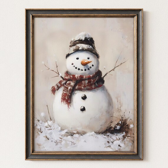 Cozy Snowman with Red Scarf Rustic Winter Painting Christmas Wall Art