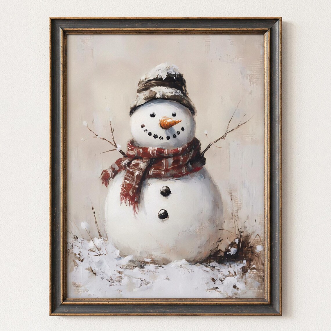 Cozy Snowman with Red Scarf Rustic Winter Painting Christmas Wall Art