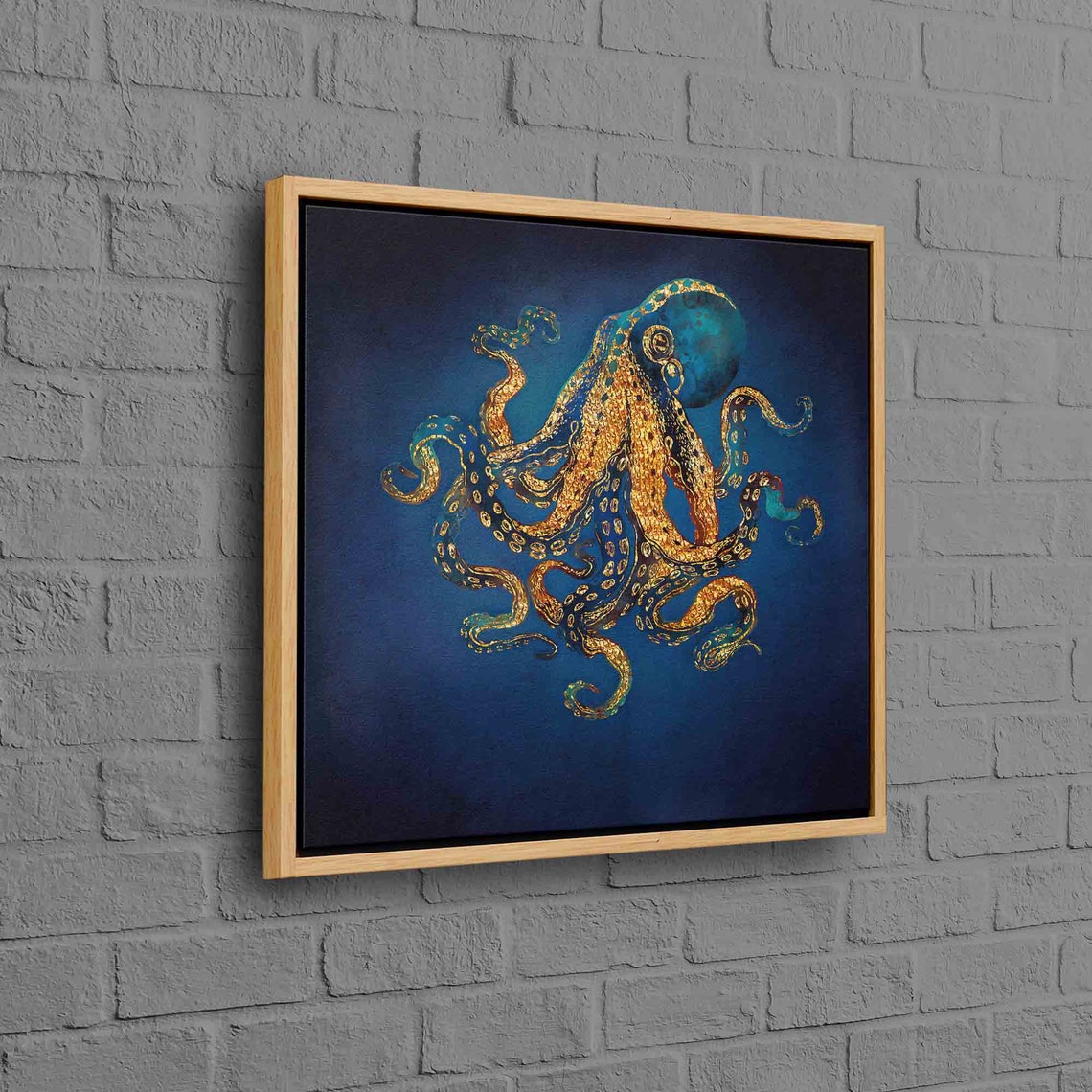 Golden Octopus On Deep Blue Sea Wildlife Luxury Gold Art Poster