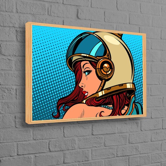 Retro Pop Art Astronaut Woman Space Girl Halftone Comic Style Poster