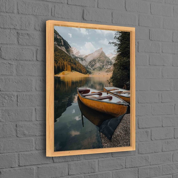 Wooden Canoes Mountain Lake Reflection Boats Scenic Photo Poster Art