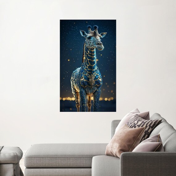 Starry Night Sky Blue Giraffe Cosmic Wild Animal Portrait Print
