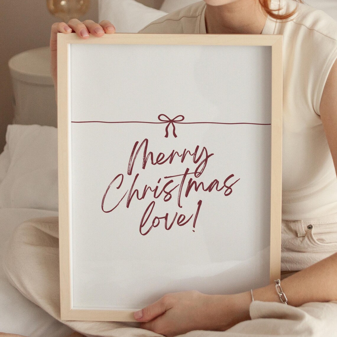 Merry Christmas Love Minimalist Burgundy Bow Script Art Poster