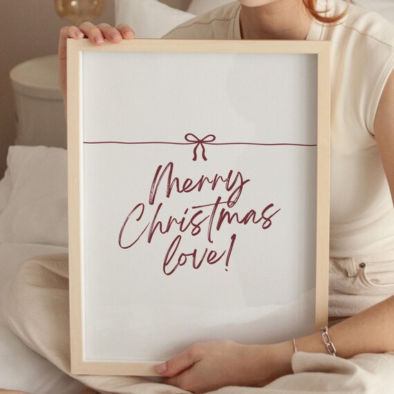 Merry Christmas Love Minimalist Burgundy Bow Script Art Poster