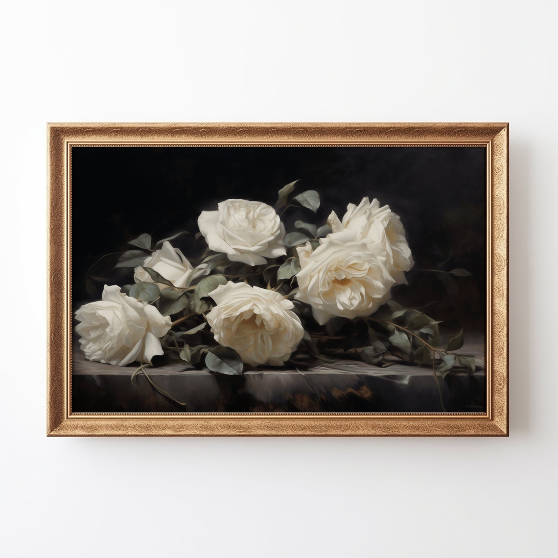 White Roses Bouquet Dark Dramatic Still Life Floral Art Poster