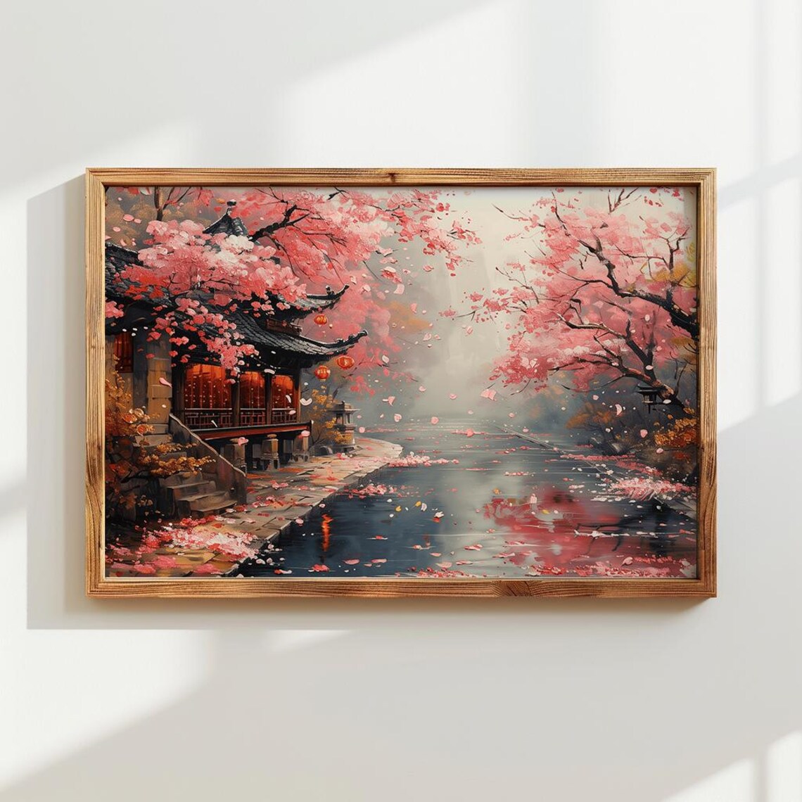 Cherry Blossom Temple By The Water Lanterns Japanese Art Poster