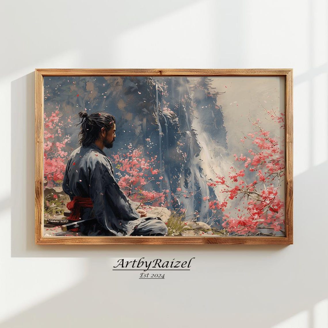 Samurai Meditating Before A Waterfall Cherry Blossom Art Poster