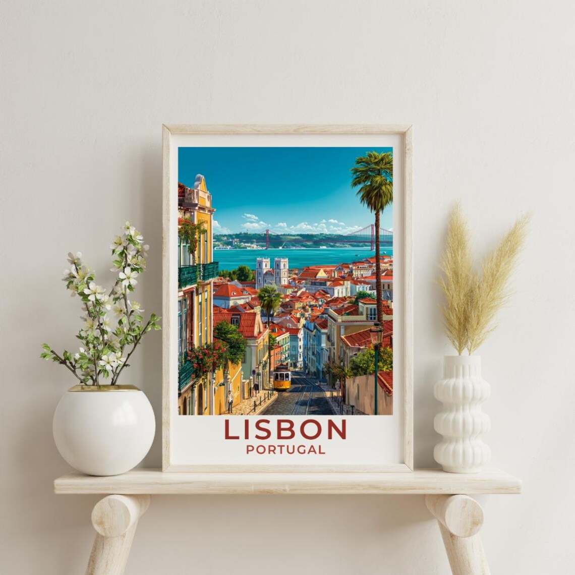 Lisbon Portugal Travel Poster Yellow Tram Alfama Vintage Decor