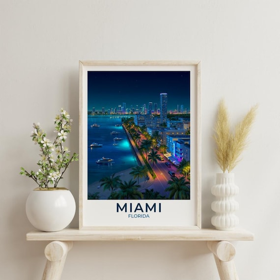 Miami Florida Travel Poster Night Skyline Palm Trees Vintage City Art