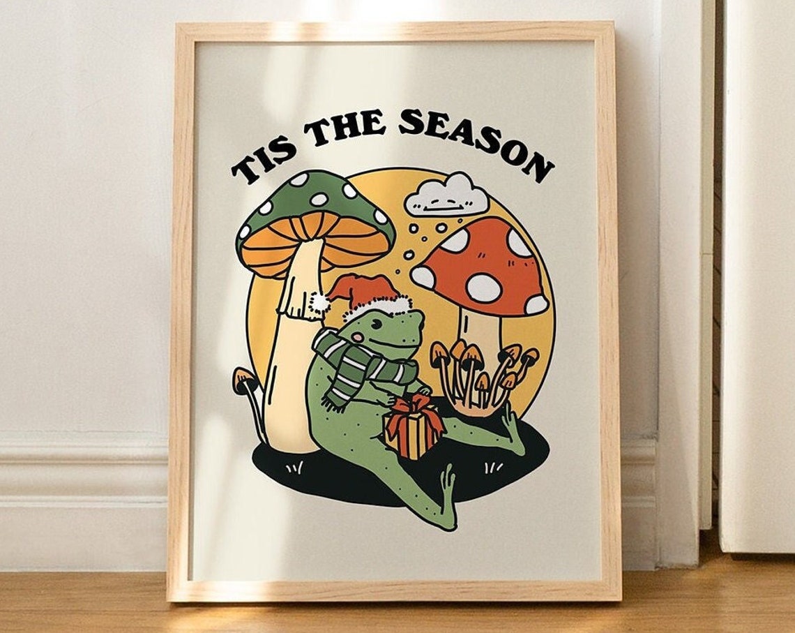 Tis The Season Retro Christmas Frog Mushroom Festive Holiday Poster