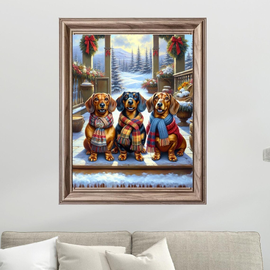 Three Dachshunds in Scarves on a Snowy Christmas Porch Scene Poster