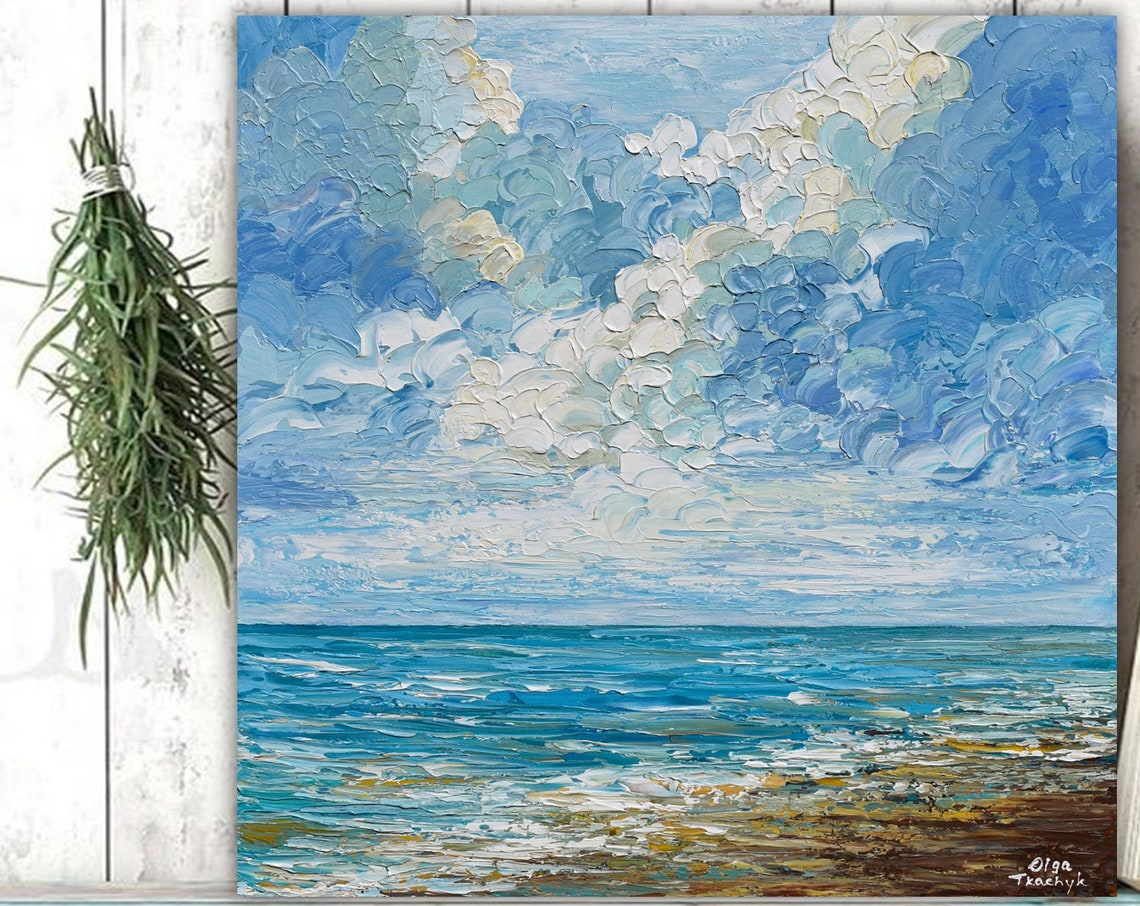 Blue Gray Ocean Painting Dramatic Cloud Sky Turquoise Water Art Poster