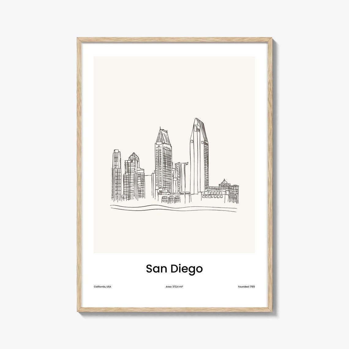San Diego California USA Waterfront Skyline One Line Drawing Poster