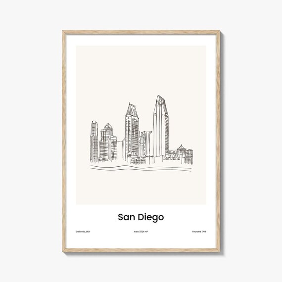 San Diego California USA Waterfront Skyline One Line Drawing Poster