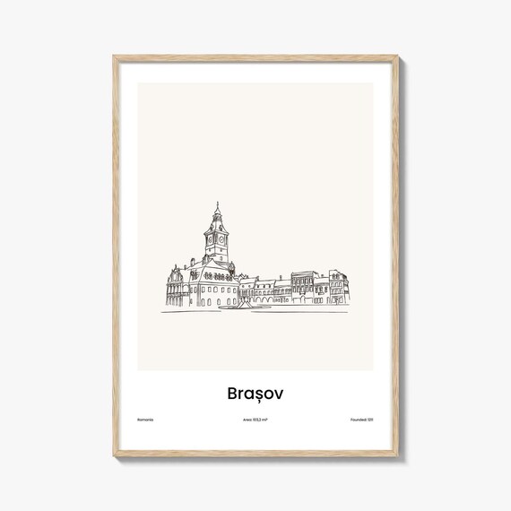 Brașov Romania Clock Tower Old Town Minimalist Line Drawing Poster