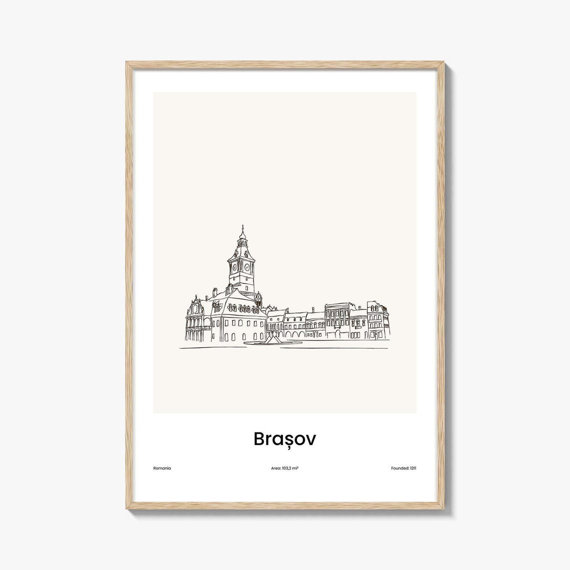 Brașov Romania Clock Tower Old Town Minimalist Line Drawing Poster
