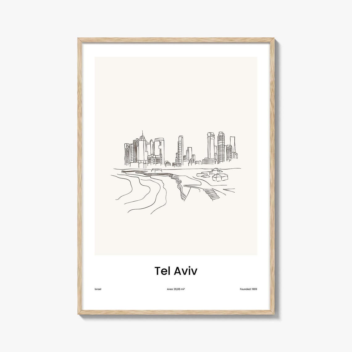 Tel Aviv Israel Beachfront Skyline Minimalist Line Drawing Poster