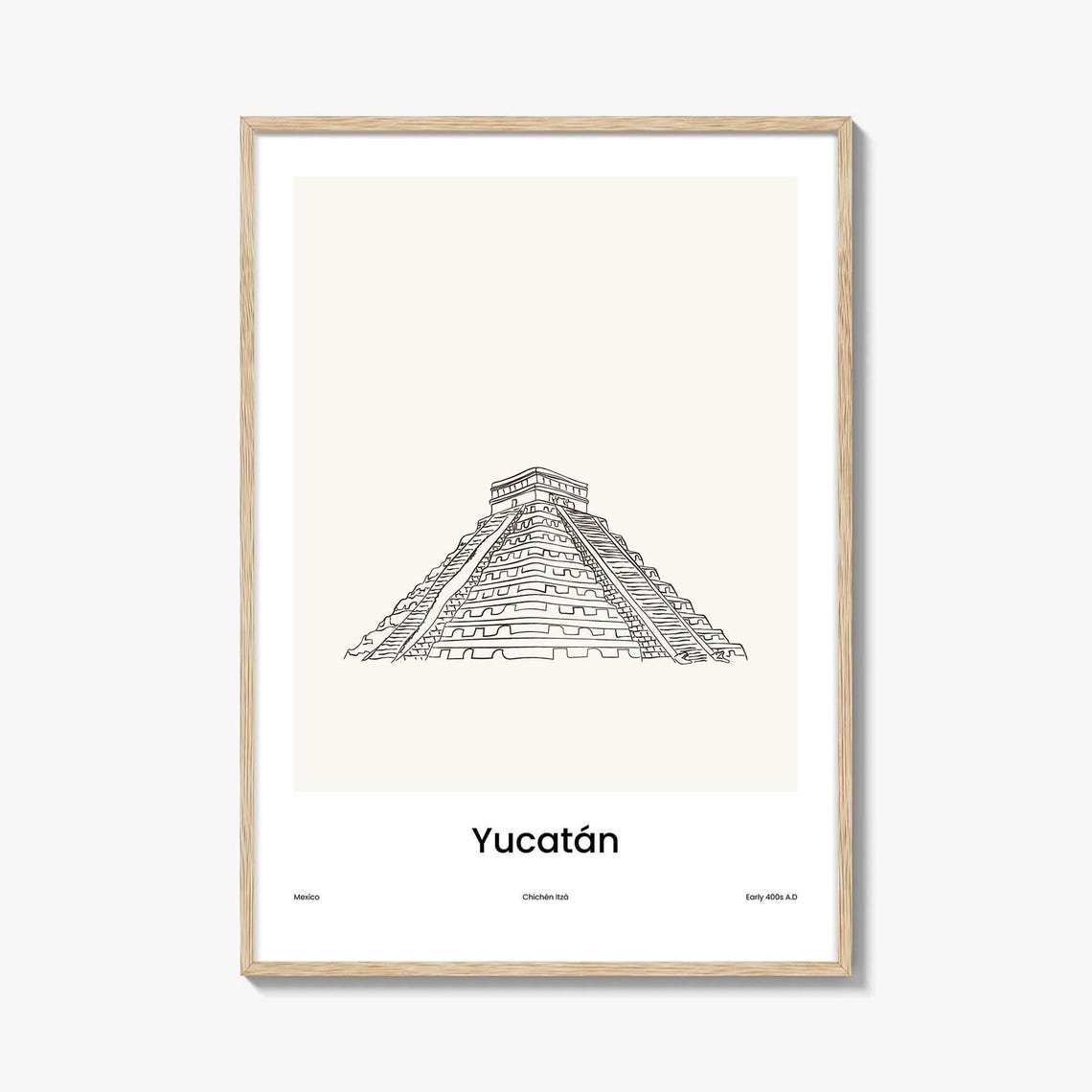 Yucatán Mexico Chichén Itzá Pyramid Minimalist Line Drawing Poster