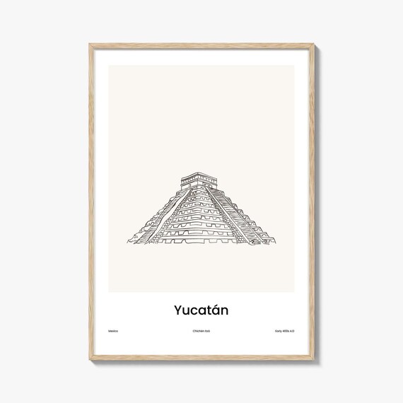 Yucatán Mexico Chichén Itzá Pyramid Minimalist Line Drawing Poster