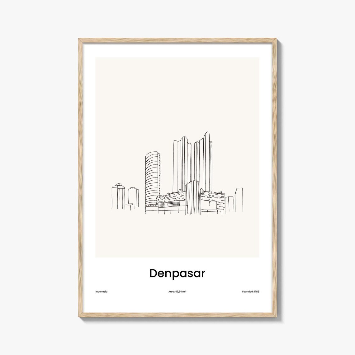 Denpasar Indonesia One Line Drawing City Skyline Minimalist Travel Poster