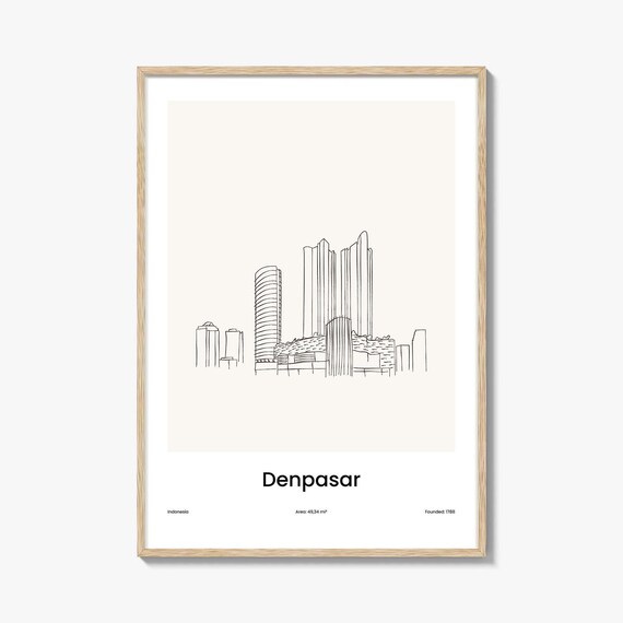 Denpasar Indonesia One Line Drawing City Skyline Minimalist Travel Poster