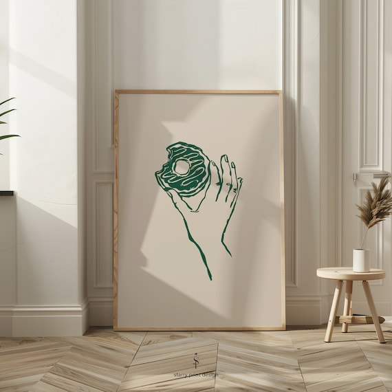 Green Line Art Hand Holding Donut Minimal Modern Kitchen Poster