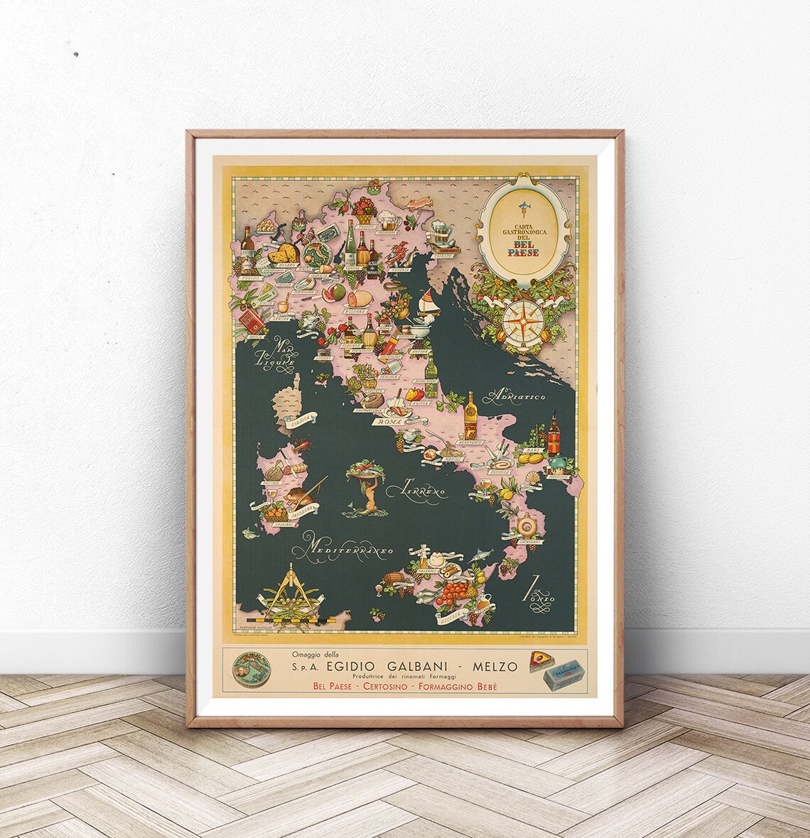 Italy Cheese Map Retro Food Poster Print