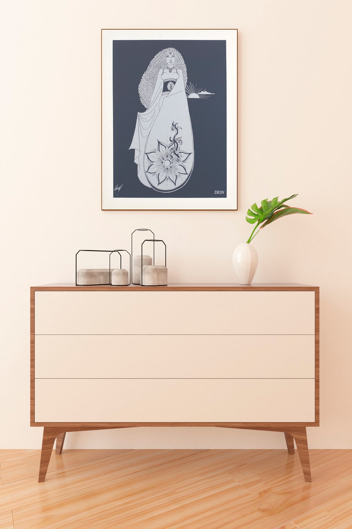 Leo Zodiac Sign Woman Sun Lotus Silver Line Art Navy Wall Poster - Image 3