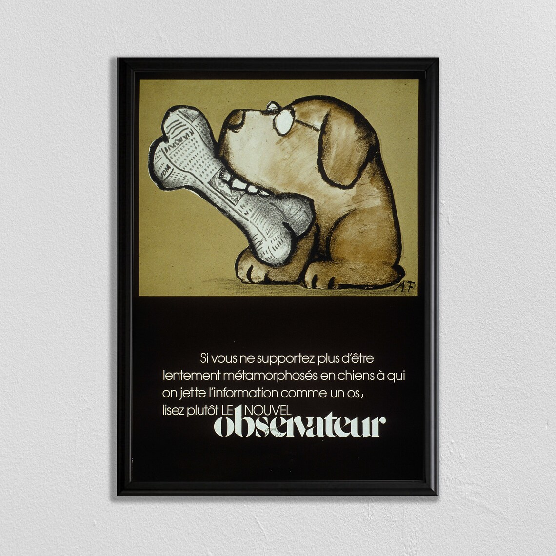 Le Nouvel Observateur Dog With Newspaper Bone Vintage French Poster