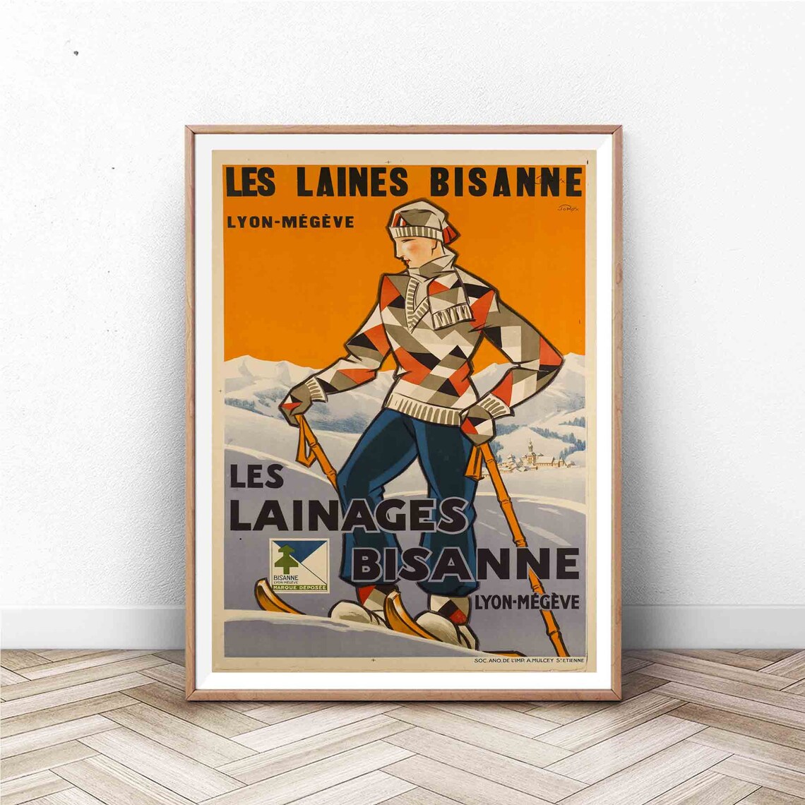 Les Laines Bisanne Lyon Megeve Wool Skier Vintage French Poster