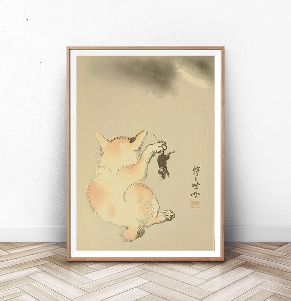 Playful Cat Catching Mouse Moonlit Night Japanese Woodblock Poster