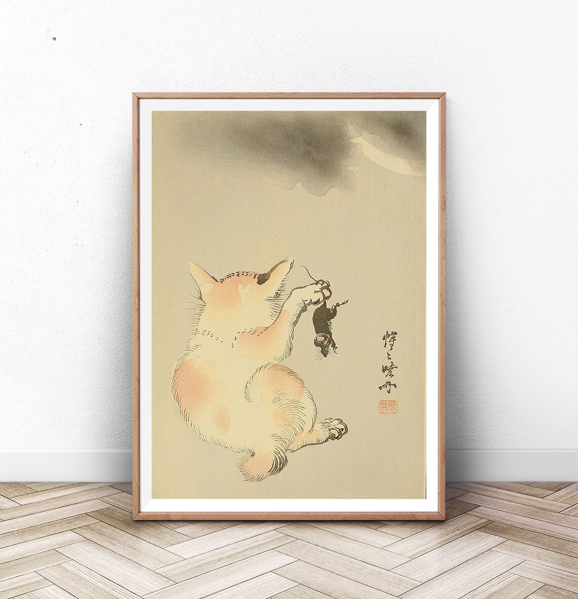 Playful Cat Catching Mouse Moonlit Night Japanese Woodblock Poster