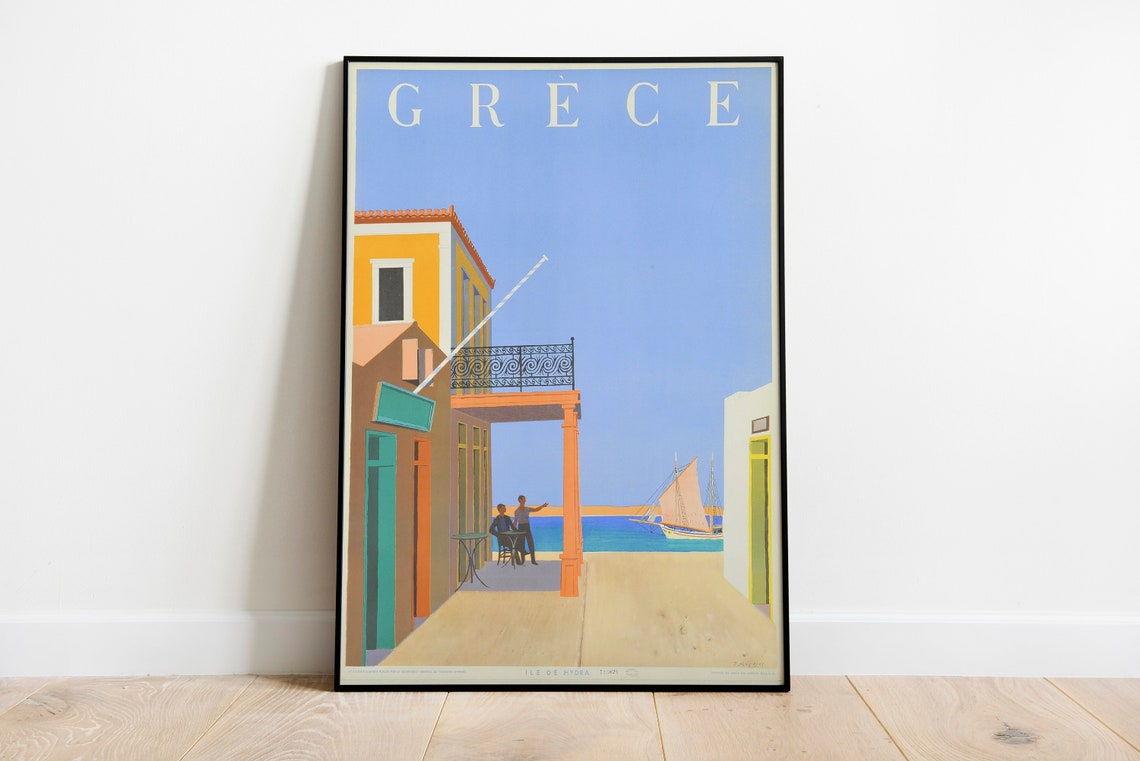Greece Hydra Island Vintage Travel Poster Harbor Cafe Scene Art - Image 2