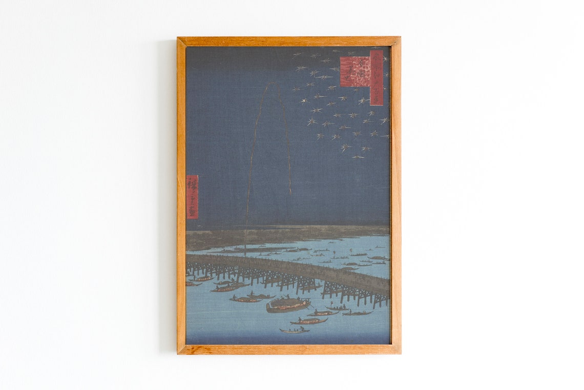 Utagawa Hiroshige Fireworks Over Ryogoku Bridge Night Scene Poster