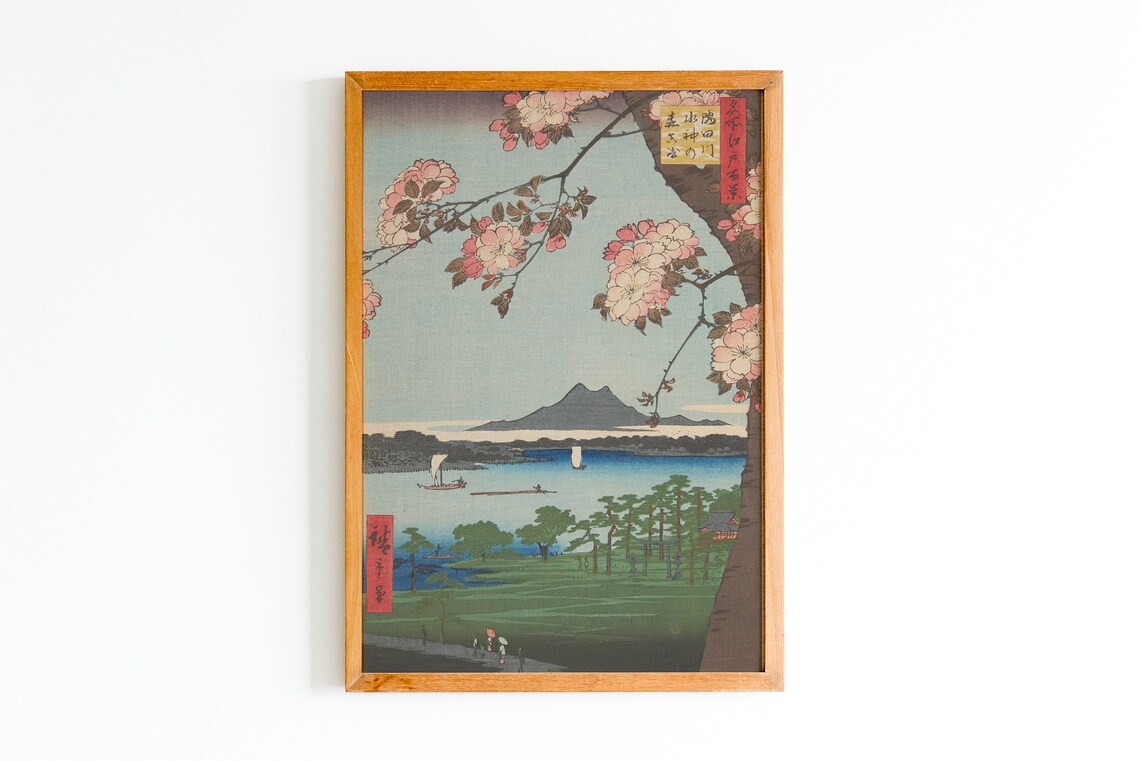 Cherry Blossoms River Sailboats Japanese Woodblock Landscape Poster